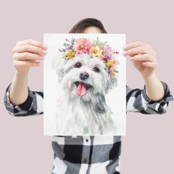 Watercolor White Maltese Dog Portrait Wall Art Print Poster, Unframed - Picture 4 of 6